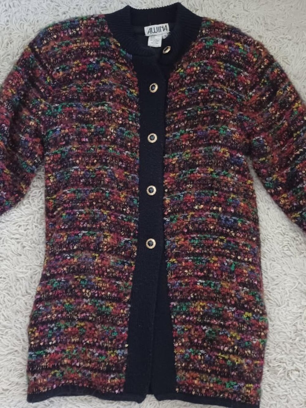 Vintage AUINA Cardigan Womens S Wool Blend Boucle Multicolor Long Coat Sweater